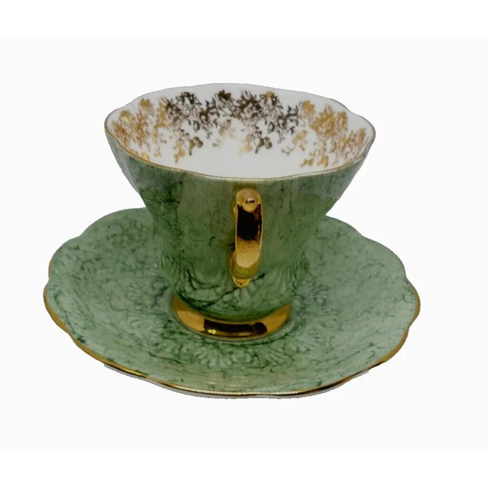 Rare Royal Albert Bone China Marbled Green Scalloped Tea Cup And Saucer England